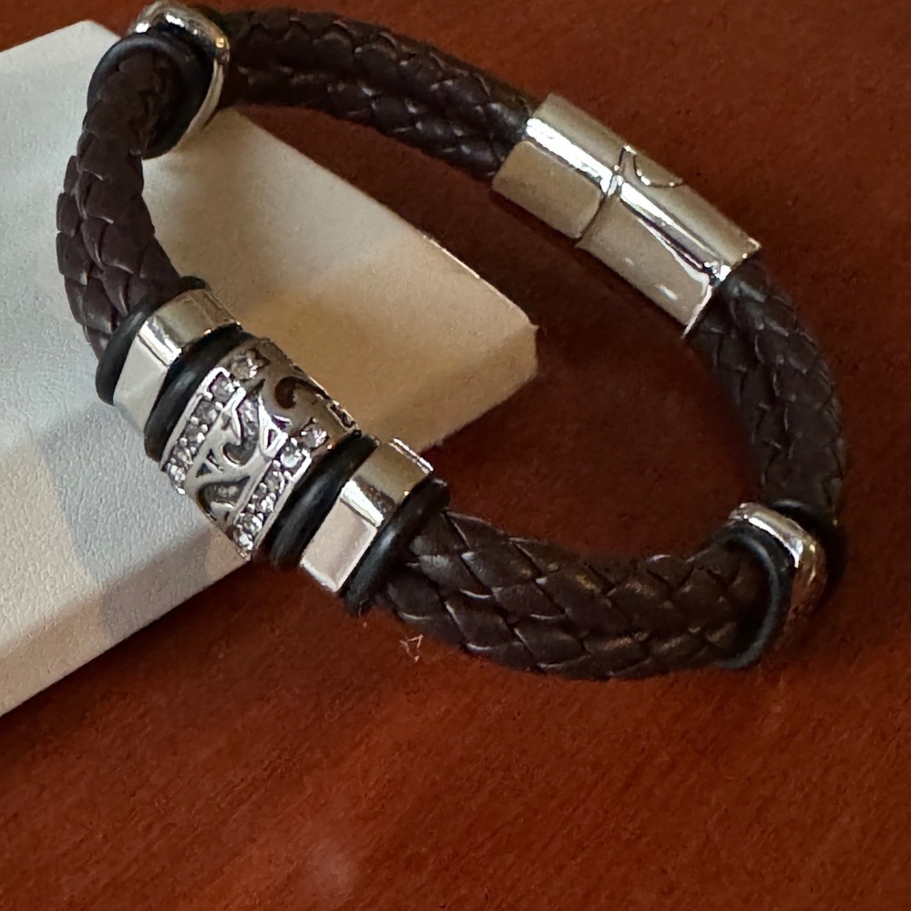 Brown Braided Leather Bracelet Silver Tone Magnetic Closure